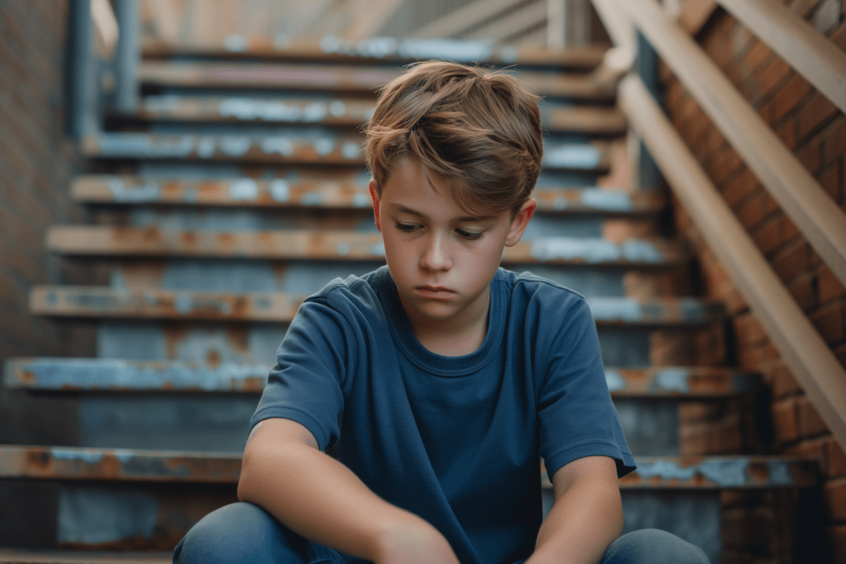 A young boy in a blue shirt sits pensively on rusty metal stairs, creating a contemplative urban scene