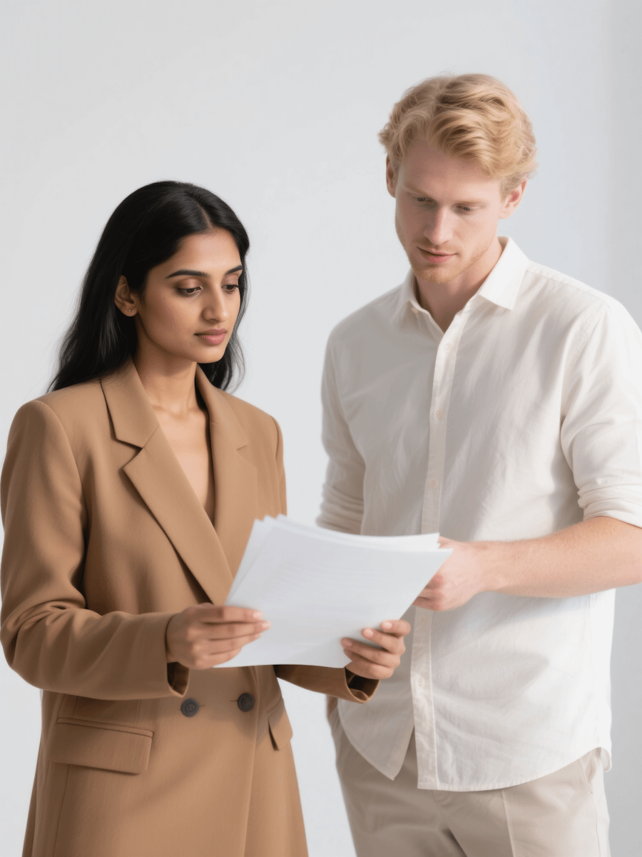 Two people reviewing documents together, one in a tan blazer and the other in a white shirt, in a bright, minimalistic setting