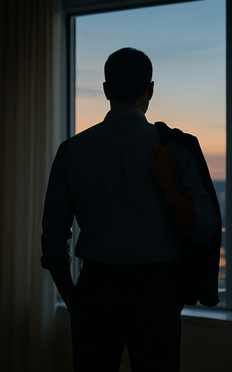 A man staring at the City skyline