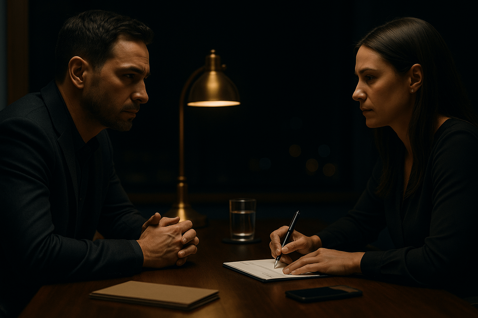 Two people sit across a conference table in a dim office, faces serious and unsmiling, lit by a single brass desk lamp against a dark background