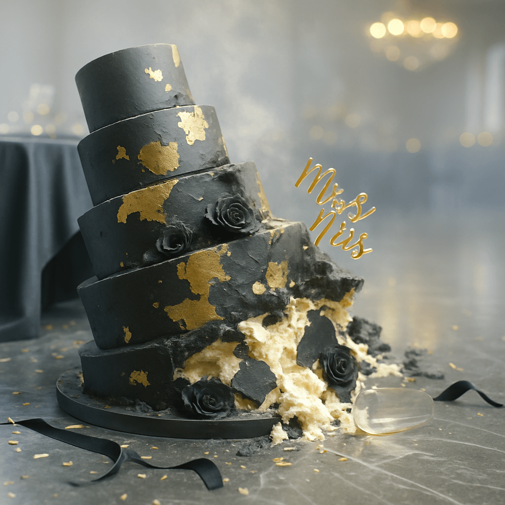 Toppled black-and-gold wedding cake smashed on a dark marble floor, buttercream and crumbs scattered beside a cracked champagne flute