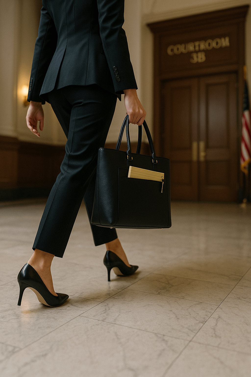 Low-angle view of a lawyer in black heels and tailored suit striding down a marble courthouse corridor toward courtroom doors, leather tote swinging; face not shown
