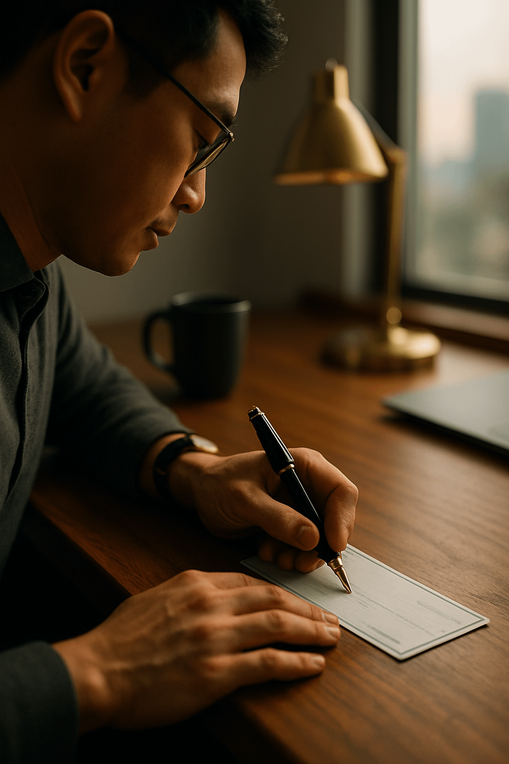Over-the-shoulder close-up of a man signing a check at a walnut desk, pen and hand in focus; no text visible