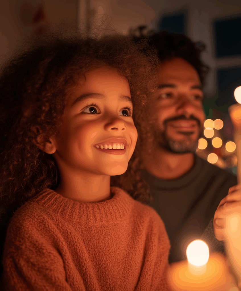 A joyful child and a man enjoy a warm, candlelit moment, surrounded by festive lights, creating a cozy and intimate atmosphere